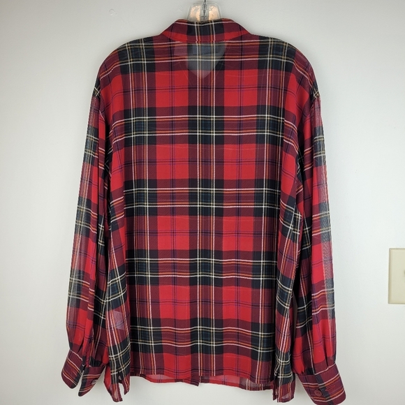 Liz Claiborne red black plaid sheer long sleeve button shirt preppy academia 14 - Picture 4 of 12
